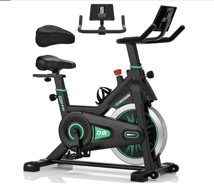 Vélo d’appartement DMASUN noir et vert, écran LCD, guidon ajustable et design compact pour entraînement à domicile.