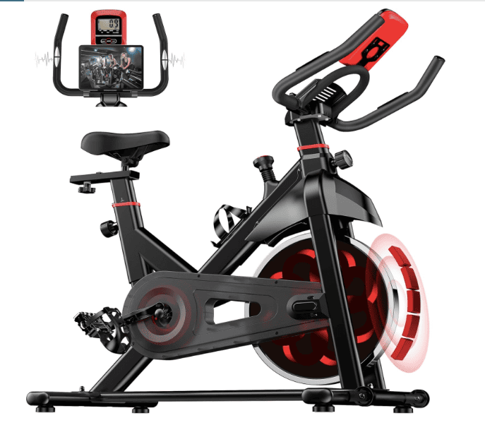 Vélo de fitness magnétique Dskeuzeew noir, avec cadre acier, écran LCD, résistance réglable et selle ajustable pour usage domestique.