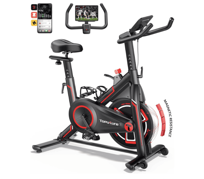 Vélo d’appartement TOPUTURE connecté, avec résistance magnétique, amortisseur intégré, siège ajustable et écran LCD compatible Zwift et Kinomap.