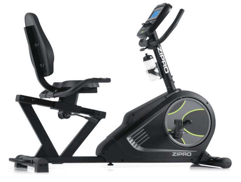 Vélo d'appartement semi-allongé ZIPRO Glow WM en position d'utilisation, avec assise ergonomique, écran LCD, pédales avec sangles et design pastel moderne.