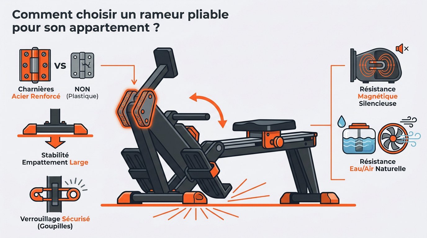 Rameur pliable haut de gamme rangé verticalement dans un appartement moderne