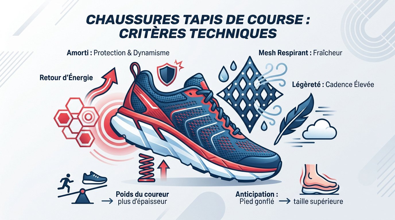 Infographie présentant les critères techniques essentiels pour choisir ses chaussures de course sur tapis