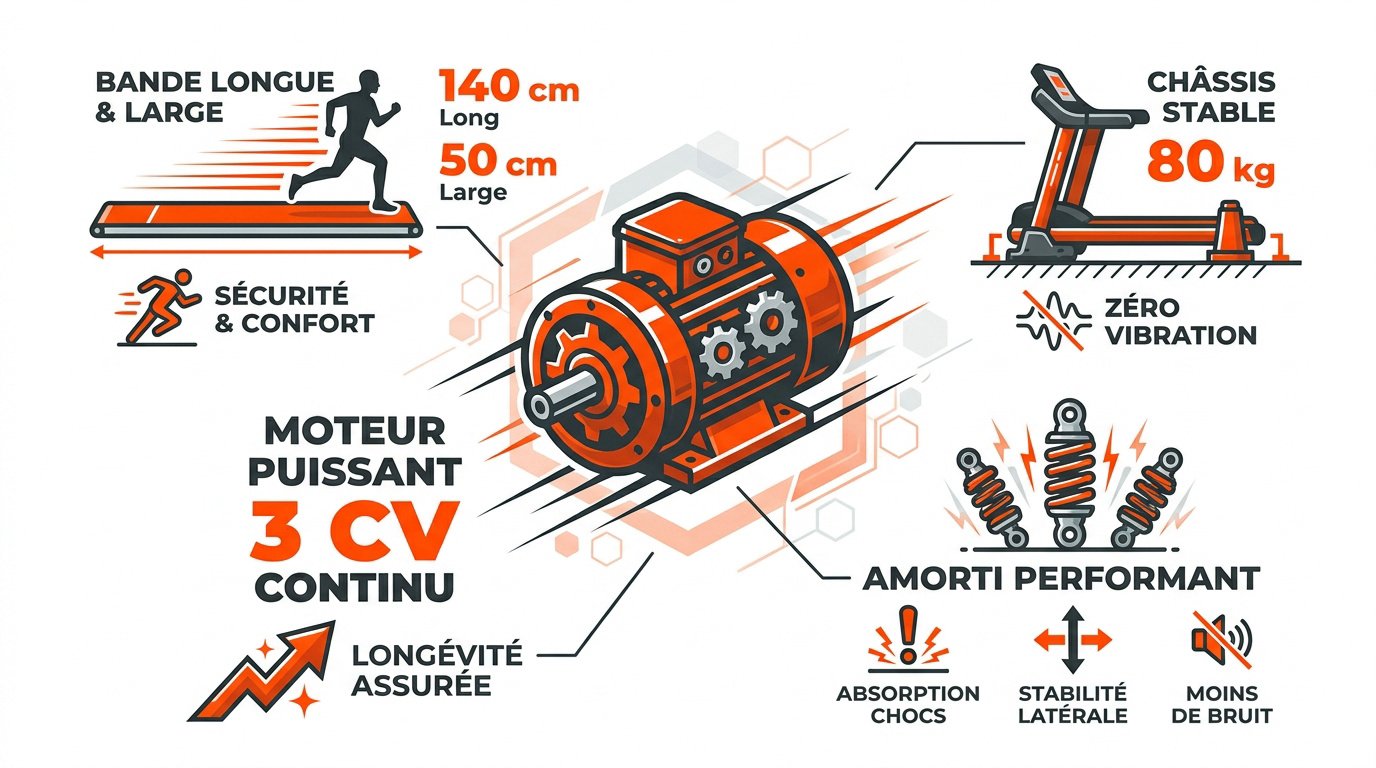 Infographie sur les critères de performance et de sécurité d'un tapis de course