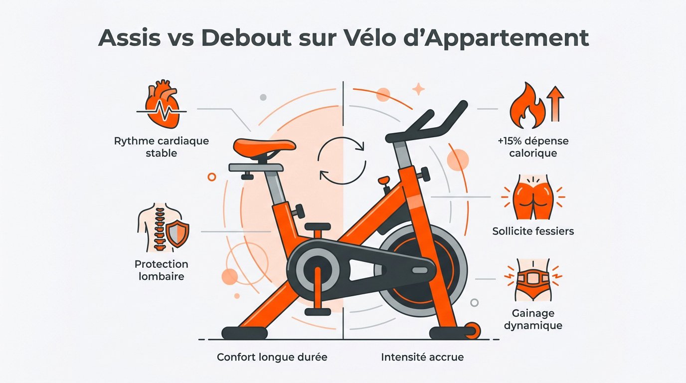 Comparaison entre la position assise et la position debout en danseuse sur un vélo d'appartement