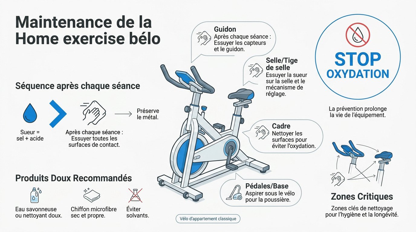 Nettoyage d'un vélo d'appartement avec un chiffon microfibre pour prévenir la rouille