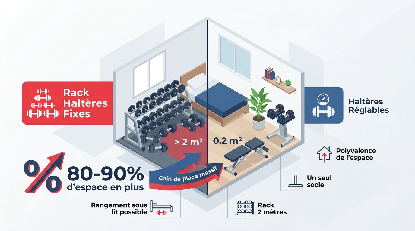 Comparaison encombrement haltères réglables vs fixes