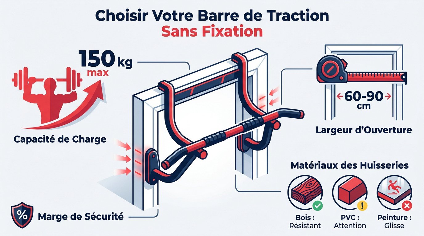 Barre de traction sans fixation installée dans un cadre de porte en bois