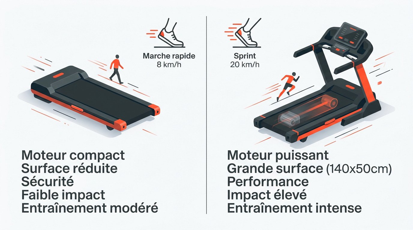 Comparaison visuelle entre la marche rapide et le sprint sur tapis de course