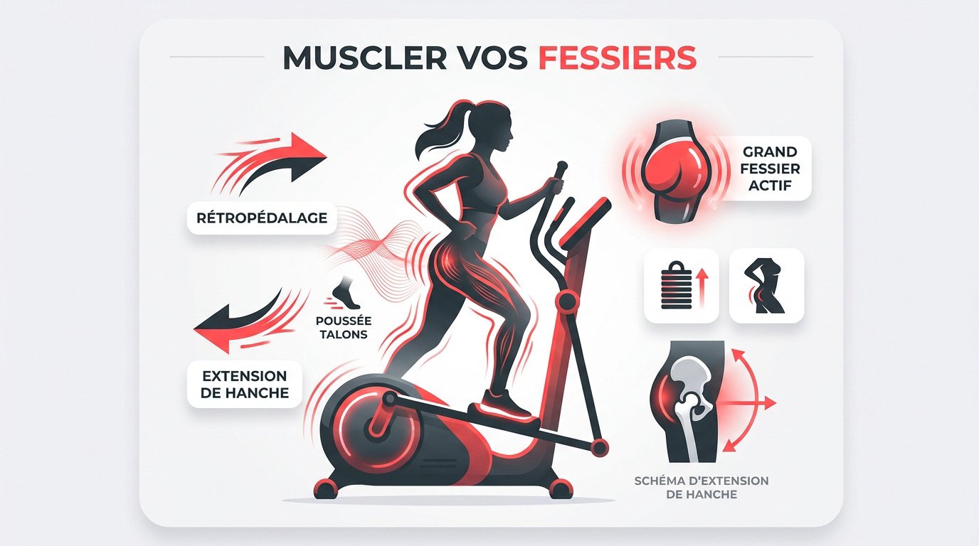 Femme pratiquant le vélo elliptique pour muscler ses fessiers avec une posture droite