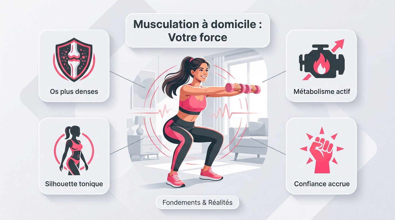 Femme débutante pratiquant un programme de musculation à domicile avec des haltères pour tonifier sa silhouette.