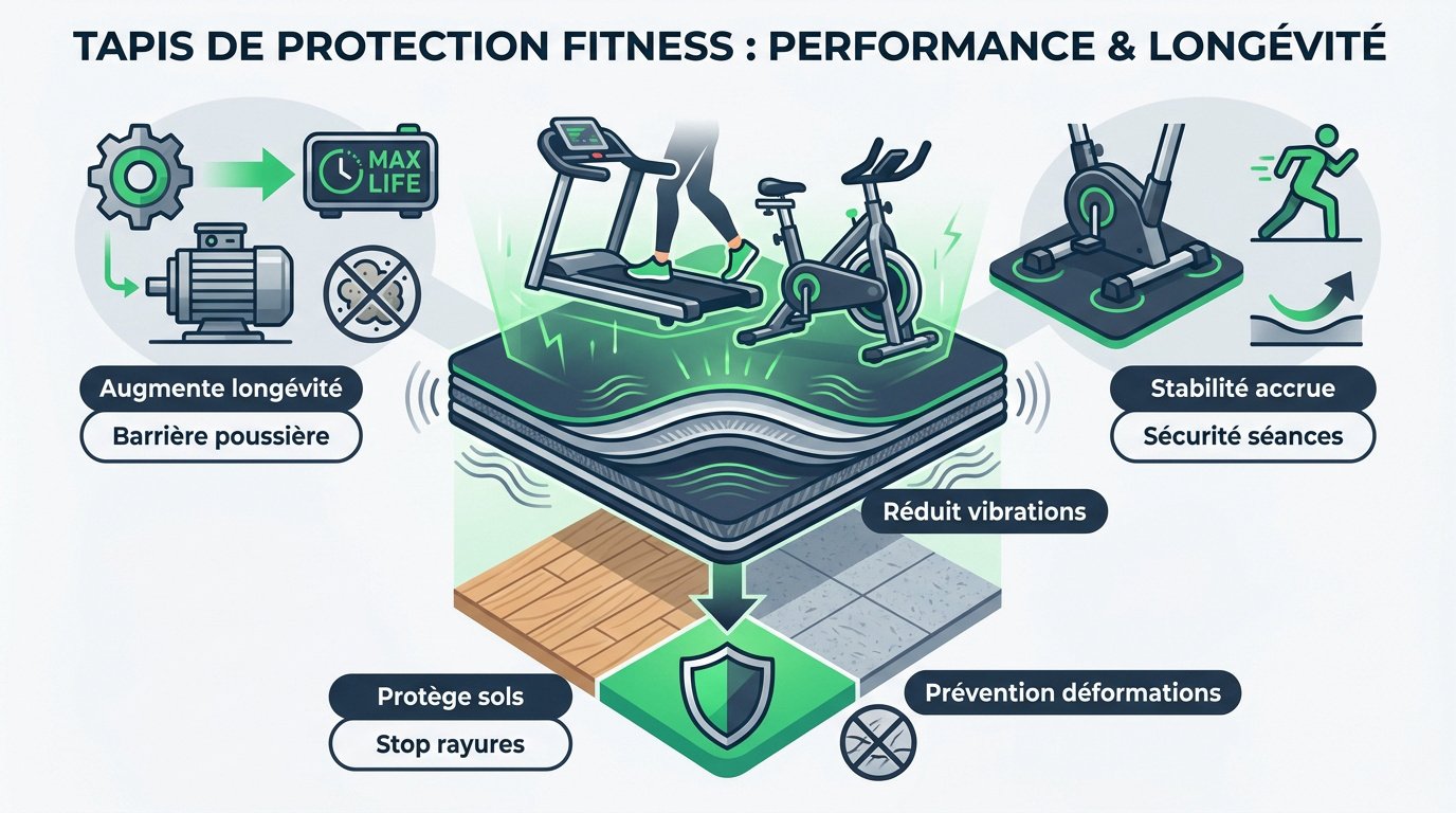 Tapis de protection noir sous un appareil de fitness